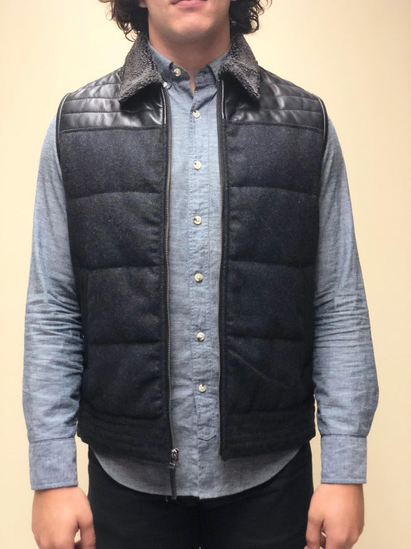 Herringbone Wool Vest with Leather Trim